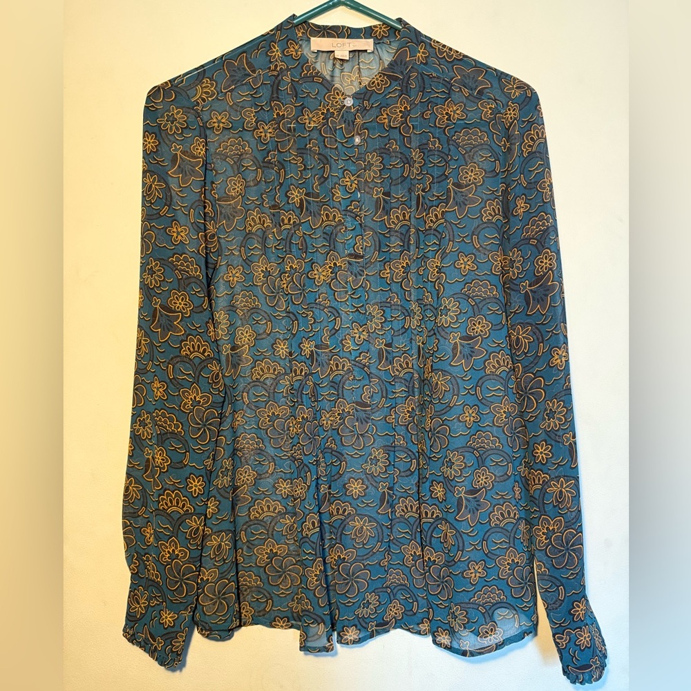 Ann Taylor Loft Sheer Blouse, Deep Aqua w/Yellow Floral Print, Size XS